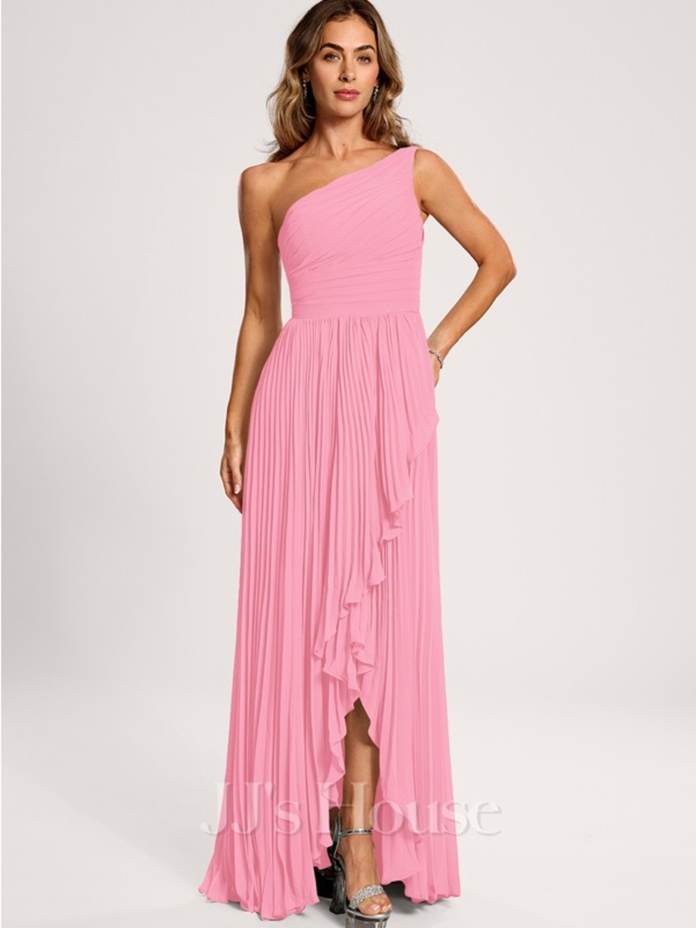 Jj’s House Pink peony Mekayla a line one shoulder pleated chiffon dress 18